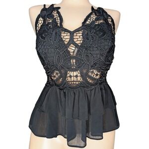 Sheer Crochet Lace‎ Trim Peplum Top Medium Whimsigoth Fairy Grunge Y2K Coquette
